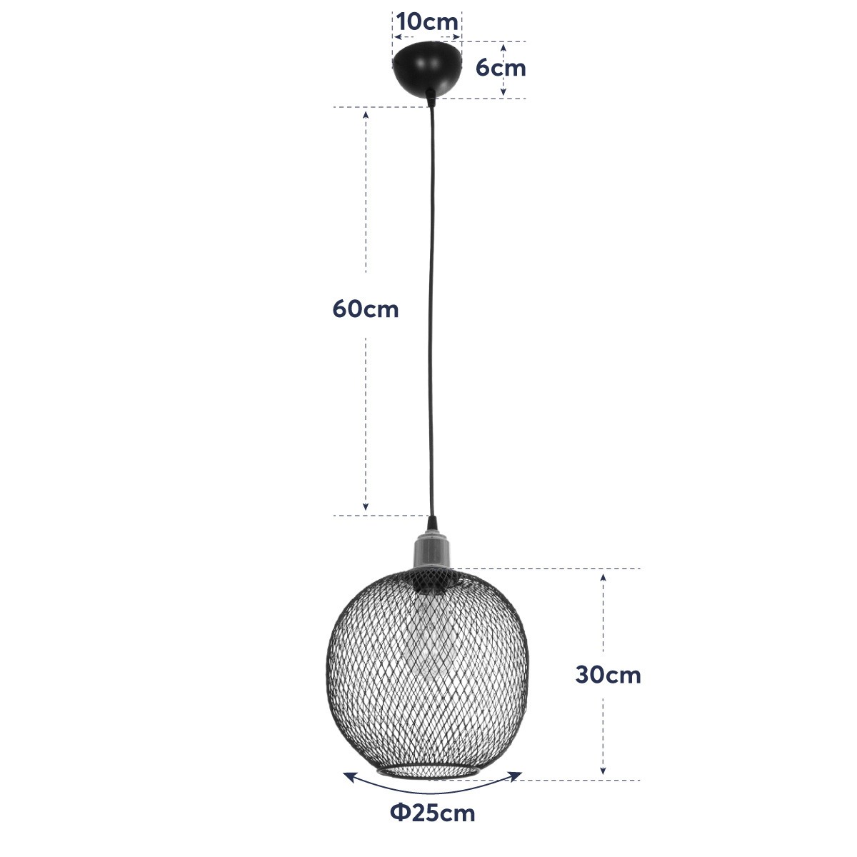 GloboStar® WIRE 203-0004 Μοντέρνο Κρεμαστό Φωτιστικό Πλέγμα Μονόφωτο 1 x E27 IP20 Μαύρο Συρμάτινο Πλέγμα - Μ29 x Π29 x Υ90cm