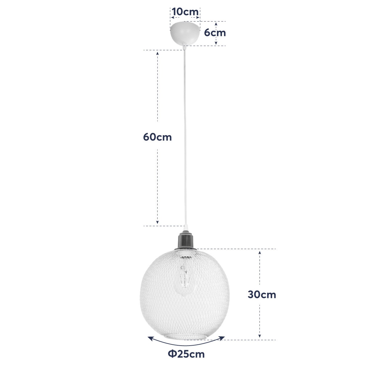 GloboStar® WIRE 203-0005 Μοντέρνο Κρεμαστό Φωτιστικό Πλέγμα Μονόφωτο 1 x E27 IP20 Λευκό Συρμάτινο Πλέγμα - Μ29 x Π29 x Υ90cm