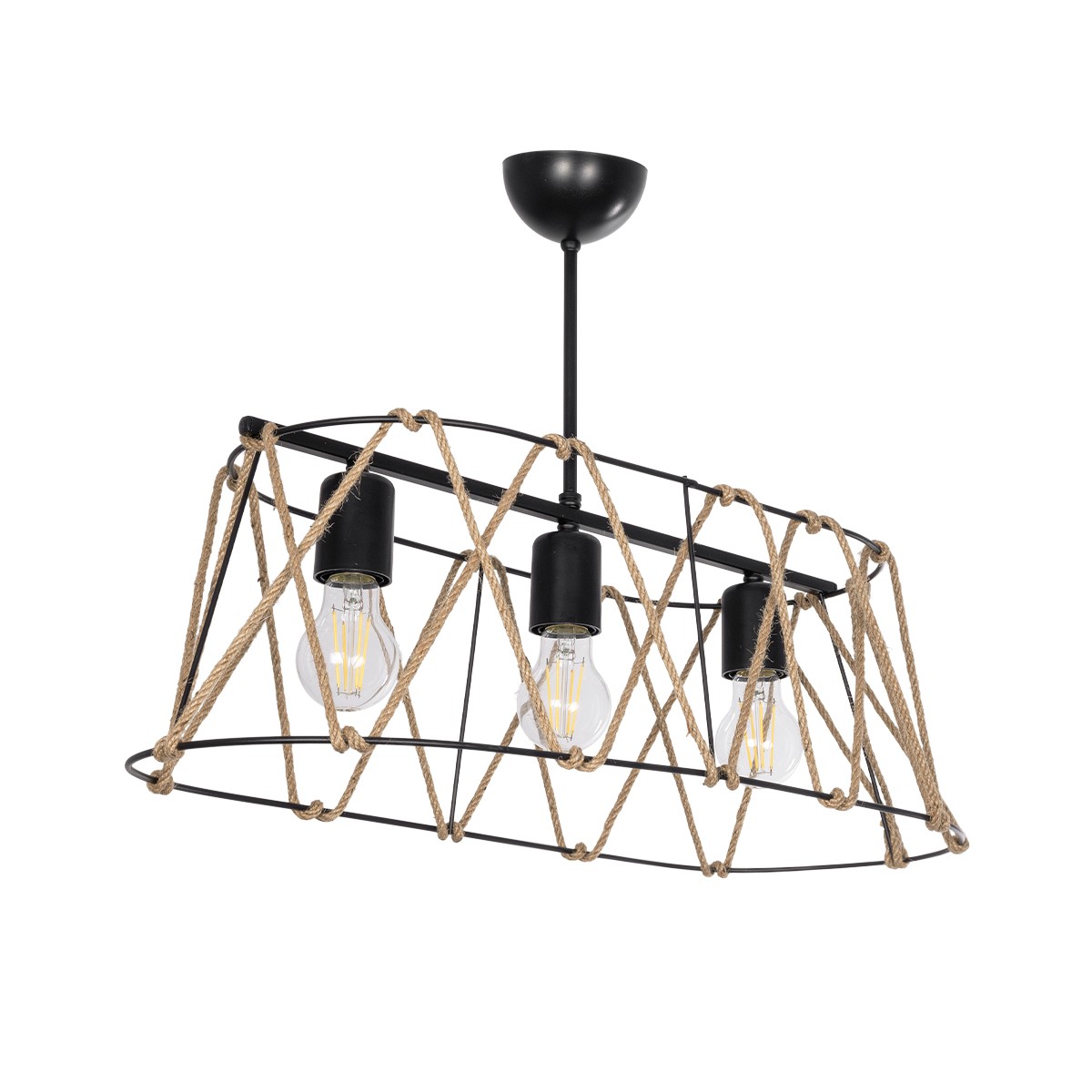 GloboStar® GATSBY 203-0006 Vintage Κρεμαστό Φωτιστικό Σχοινί Τρίφωτο 3 x E27 IP20 Μαύρο με Μπεζ Σχοινί - Μ60 x Π25 x Υ90cm
