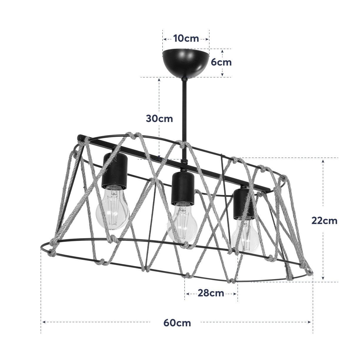 GloboStar® GATSBY 203-0006 Vintage Κρεμαστό Φωτιστικό Σχοινί Τρίφωτο 3 x E27 IP20 Μαύρο με Μπεζ Σχοινί - Μ60 x Π25 x Υ90cm