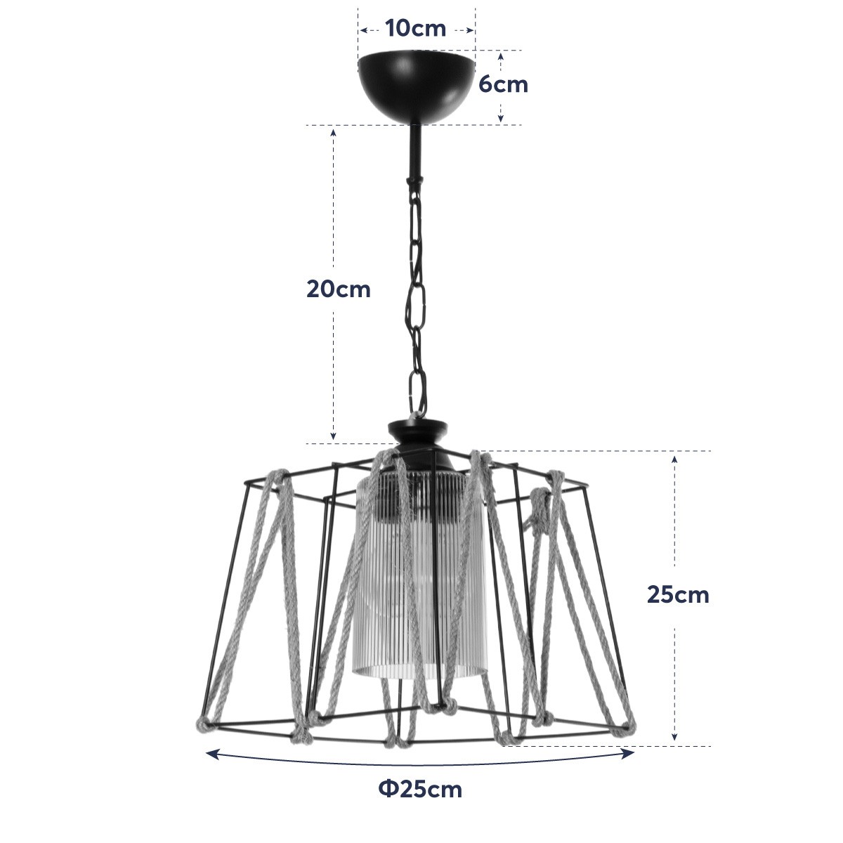GloboStar® GATSBY 203-0007 Vintage Κρεμαστό Φωτιστικό Σχοινί Μονόφωτο 1 x E27 IP20 Μαύρο Μέταλλο με Μπεζ Σχοινί - Μ25 x Π25 x Υ55cm