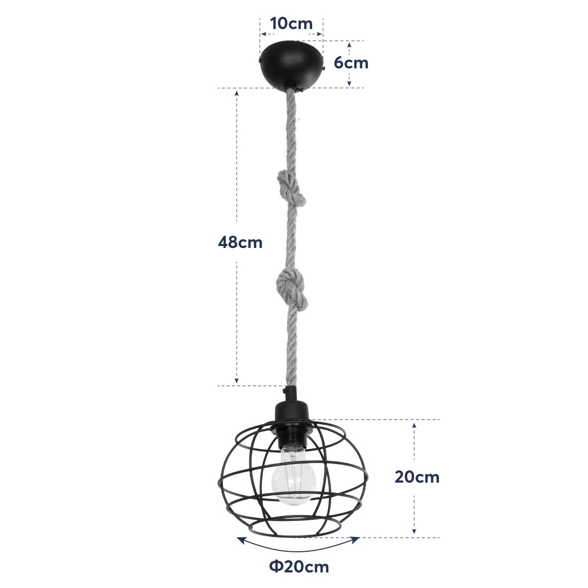 GloboStar® TALAH 203-0008 Vintage Κρεμαστό Φωτιστικό Σχοινί Μονόφωτο 1 x E27 IP20 Μαύρο Μέταλλο με Μπεζ Σχοινί - Μ14 x Π14 x Υ61.5cm