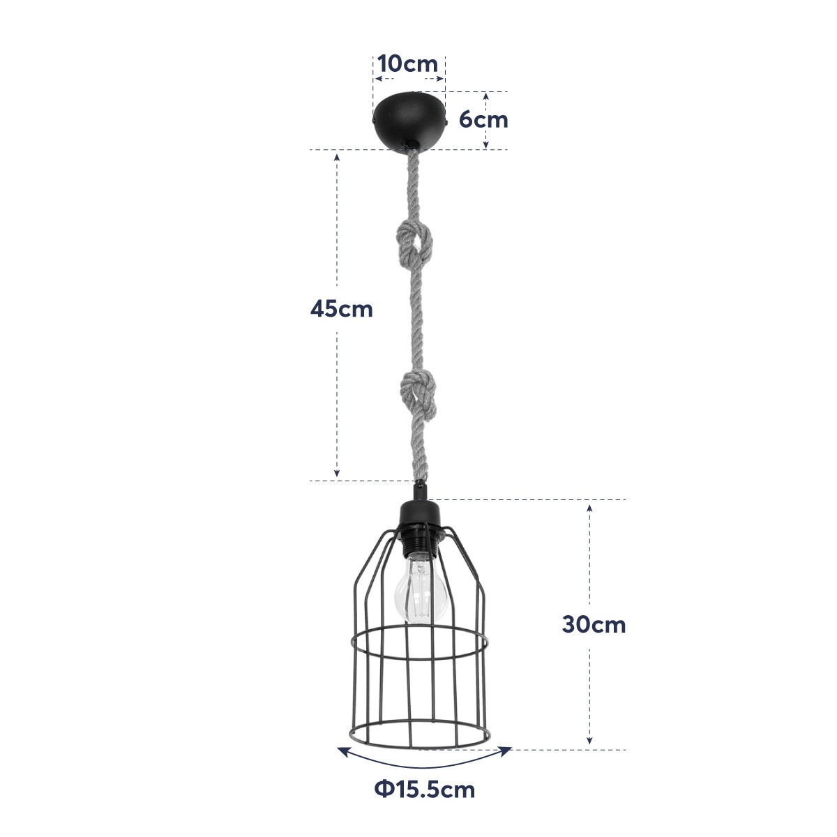 GloboStar® TALAH 203-0009 Vintage Κρεμαστό Φωτιστικό Σχοινί Μονόφωτο 1 x E27 IP20 Μαύρο Μέταλλο με Μπεζ Σχοινί - Μ14 x Π14 x Υ90cm