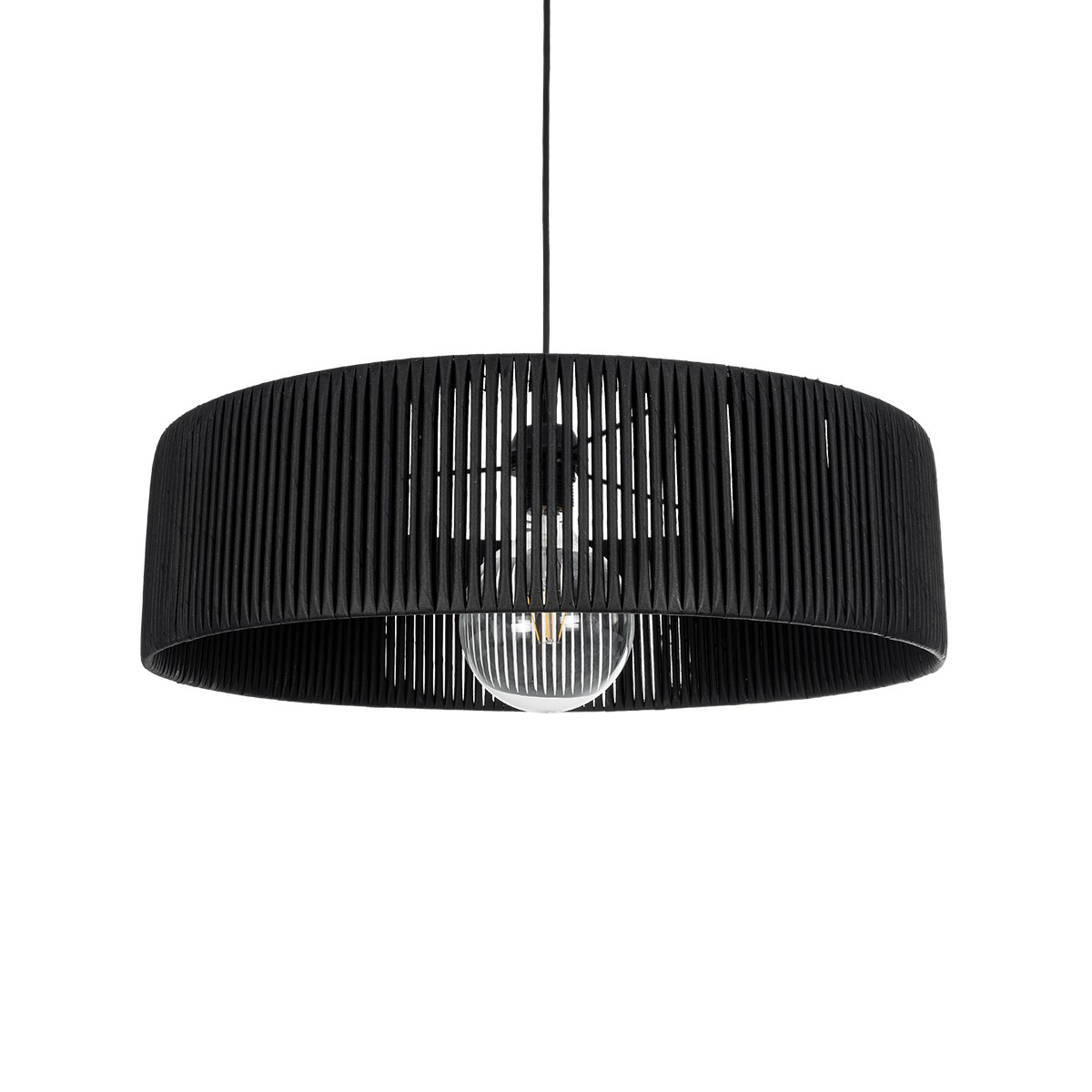 GloboStar® KYCLOS 203-0046 Boho Κρεμαστό Φωτιστικό Καπέλο Μονόφωτο 1 x E27 IP20 Μαύρο Rattan - M55 x Π55 x Υ90cm