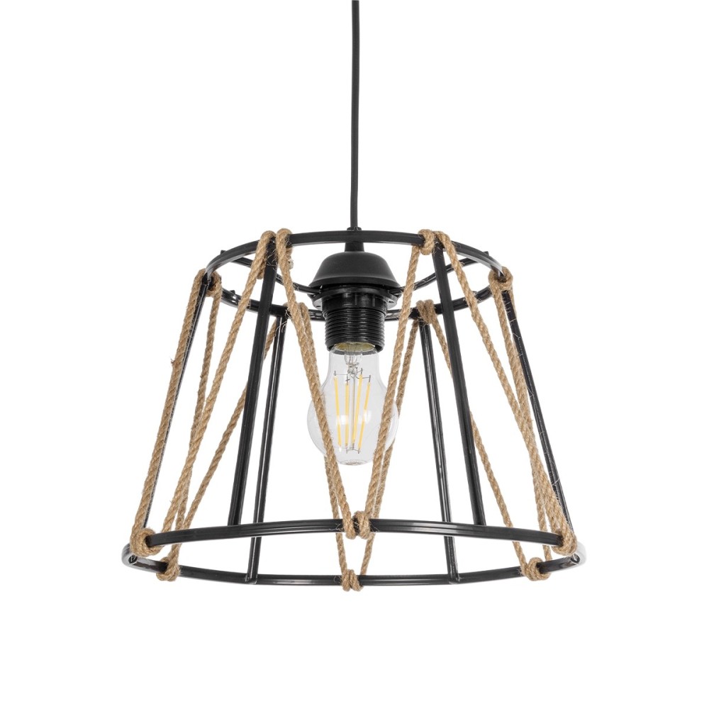 GloboStar® JUTE 203-0090 Μοντέρνο Κρεμαστό Φωτιστικό Σχοινί Μονόφωτο 1 x E27 IP20 Μαύρο Πλαστικό με Μπεζ Σχοινί - Μ30 x Π30 x Υ23cm