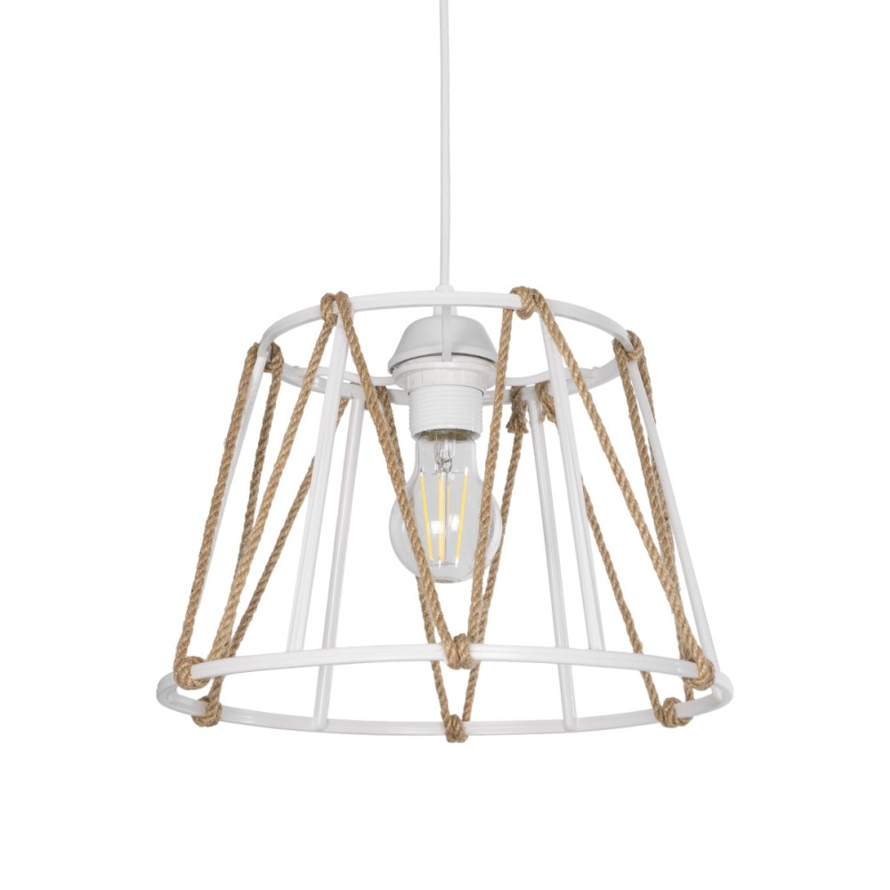 GloboStar® JUTE 203-0091 Μοντέρνο Κρεμαστό Φωτιστικό Σχοινί Μονόφωτο 1 x E27 IP20 Λευκό Πλαστικό με Μπεζ Σχοινί - Μ30 x Π30 x Υ23cm