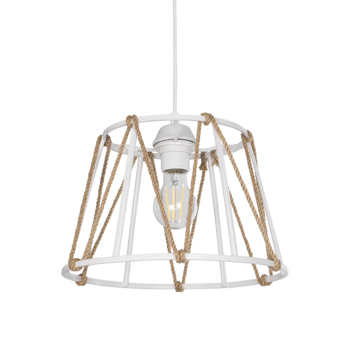 GloboStar® JUTE 203-0091 Μοντέρνο Κρεμαστό Φωτιστικό Σχοινί Μονόφωτο 1 x E27 IP20 Λευκό Μεταλλό με Μπεζ Σχοινί- Μ30 x Π30 x Υ75cm