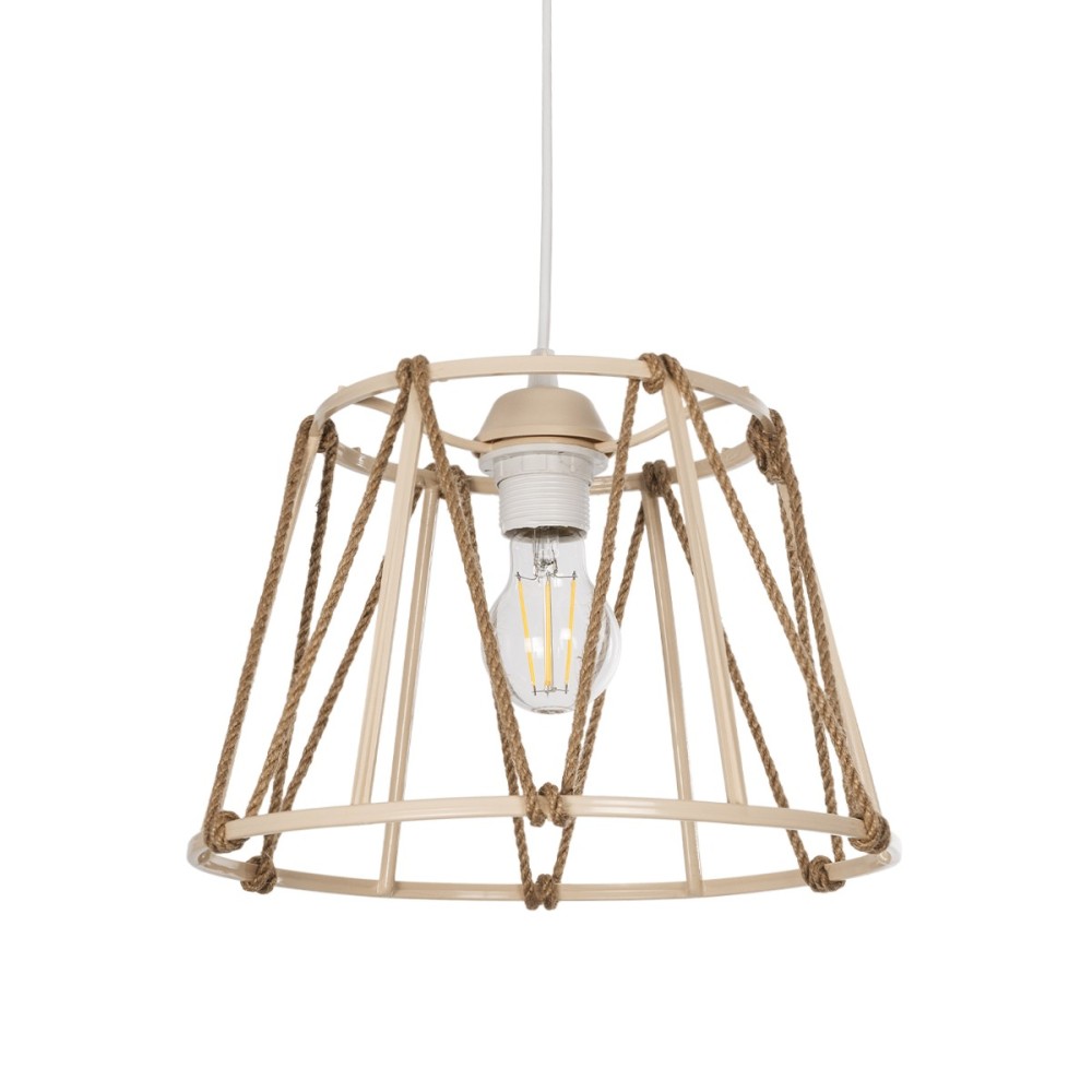 GloboStar® JUTE 203-0092 Μοντέρνο Κρεμαστό Φωτιστικό Σχοινί Μονόφωτο 1 x E27 IP20 Μπεζ Πλαστικό με Μπεζ Σχοινί - Μ30 x Π30 x Υ23cm