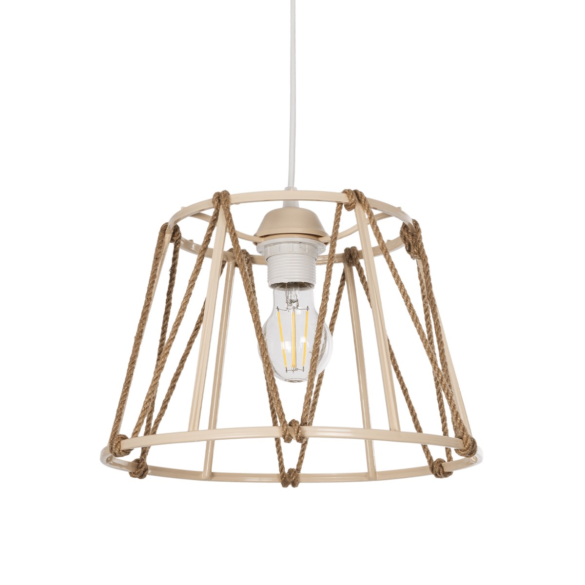 GloboStar® JUTE 203-0092 Μοντέρνο Κρεμαστό Φωτιστικό Σχοινί Μονόφωτο 1 x E27 IP20 Μπεζ Μεταλλό με Μπεζ Σχοινί- Μ30 x Π30 x Υ75cm