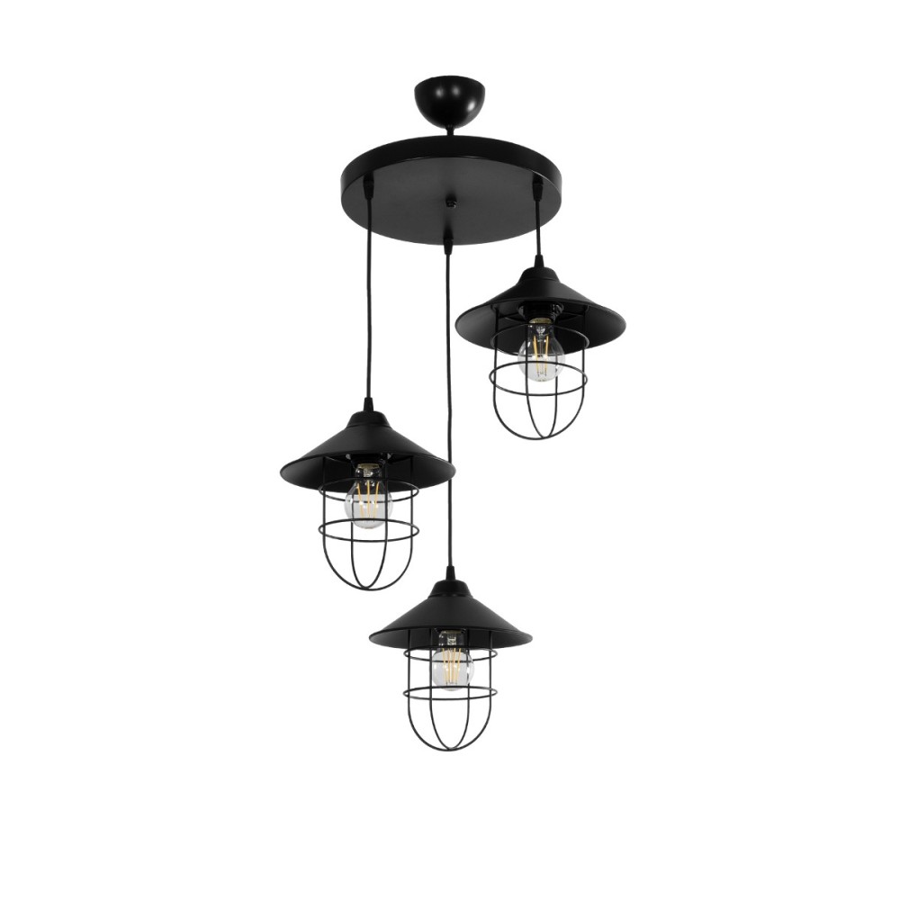 GloboStar® CAGE 203-0097 Vintage Κρεμαστό Φωτιστικό Καμπάνα Τρίφωτο 3 x E27 IP20 Μαύρο Μέταλλο - Μ45 x Π45 x Υ45cm