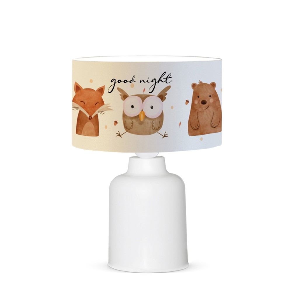 GloboStar® OWL 204-0024 Παιδικό Eπιτραπέζιο Φωτιστικό Πορτατίφ Μονόφωτο 1 x E27 IP20 Πολύχρωμο Ύφασμα με Λευκό Πλαστικό - Μ24 x Π24 x Υ32cm