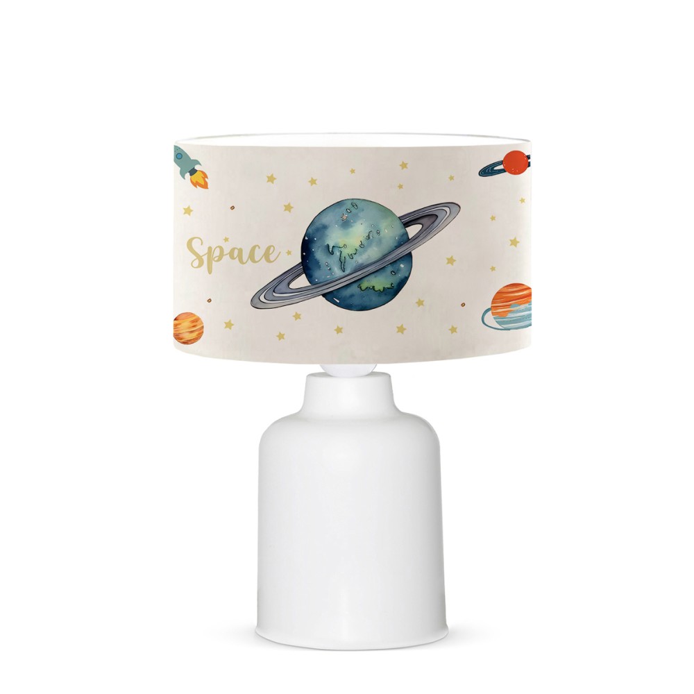 GloboStar® SATURN 204-0030 Παιδικό Eπιτραπέζιο Φωτιστικό Πορτατίφ Μονόφωτο 1 x E27 IP20 Πολύχρωμο Ύφασμα με Λευκό Πλαστικό - Μ24 x Π24 x Υ32cm