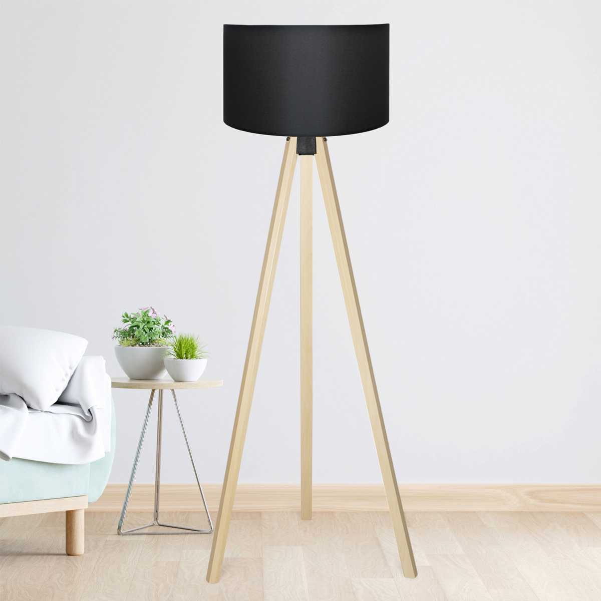 GloboStar® SAGA 204-0041 Μοντέρνο Eπιδαπέδιο Φωτιστικό Μονόφωτο 1 x E27 IP20 Μπεζ Ξύλο με Μαύρο Ύφασμα - Μ38 x Π38 x Υ140cm