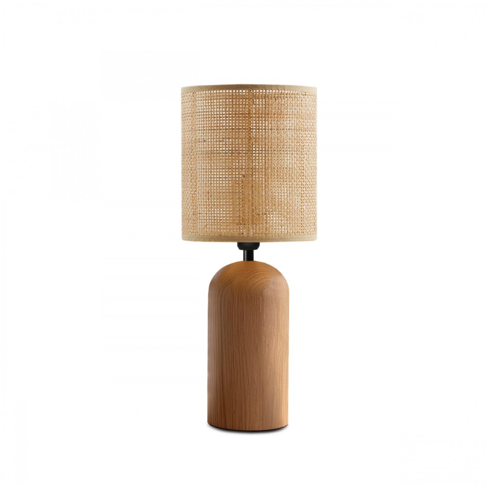 GloboStar® HARD 204-0065 Boho Eπιτραπέζιο Φωτιστικό Πορτατίφ Μονόφωτο 1 x E27 IP20 Καφέ Ξύλο με Μπεζ Ρατάν - Μ15 x Π15 x Υ35cm