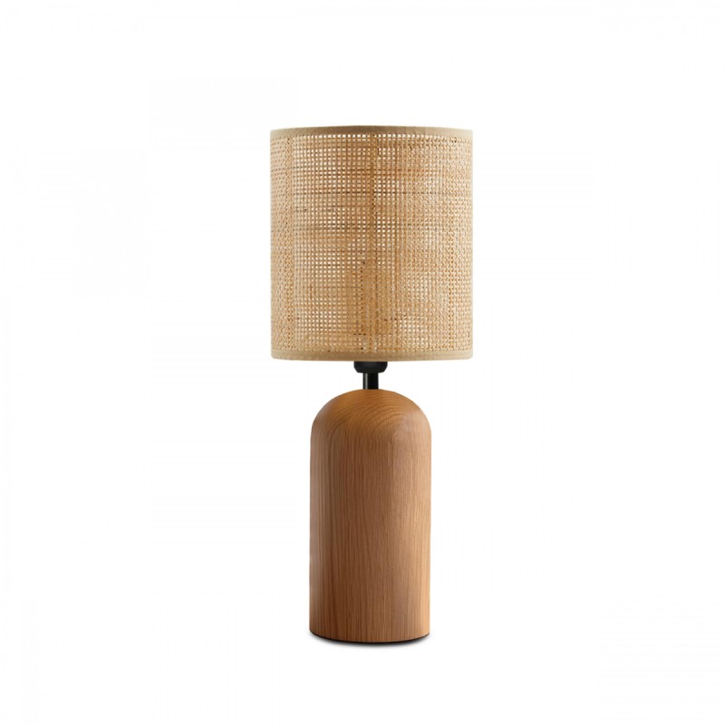 GloboStar® HARD 204-0065 Boho Eπιτραπέζιο Φωτιστικό Πορτατίφ Μονόφωτο 1 x E27 IP20 Καφέ Ξύλο με Μπεζ Ρατάν - Μ15 x Π15 x Υ35cm