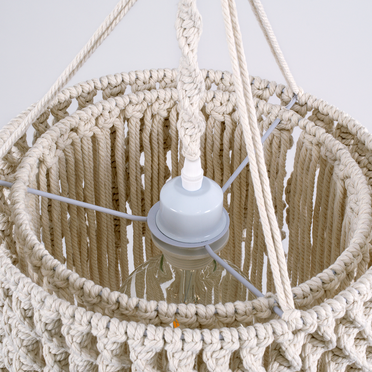 GloboStar® ALGERIA 36204 Boho Κρεμαστό Φωτιστικό Μακραμέ Μονόφωτο 1 x E27 IP20 Μπεζ Ύφασμα - Μ30 x Π30 x Υ40cm