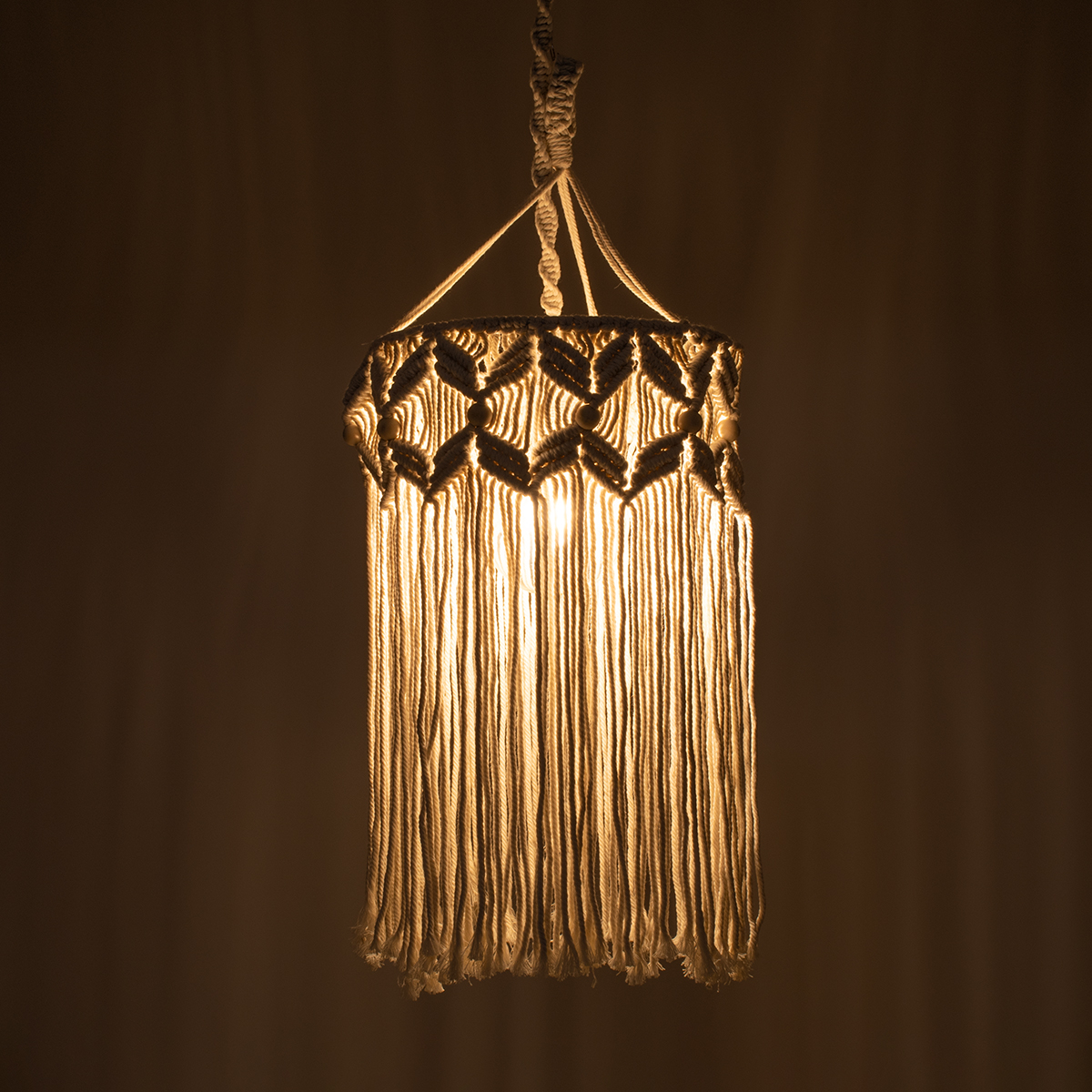 GloboStar® CONGO 36206 Boho Κρεμαστό Φωτιστικό Μακραμέ Μονόφωτο 1 x E27 IP20 Μπεζ Ύφασμα - Μ30 x Π30 x Υ50cm