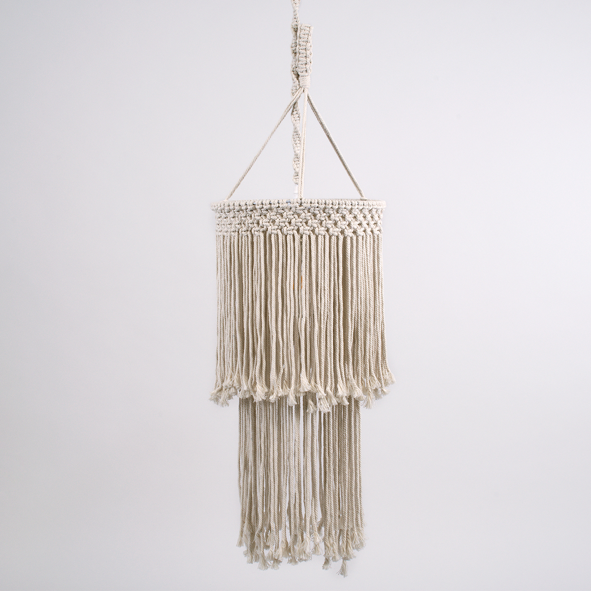 GloboStar® ZAMBIA 36208 Boho Κρεμαστό Φωτιστικό Μακραμέ Μονόφωτο 1 x E27 IP20 Μπεζ Ύφασμα - Μ30 x Π30 x Υ60cm