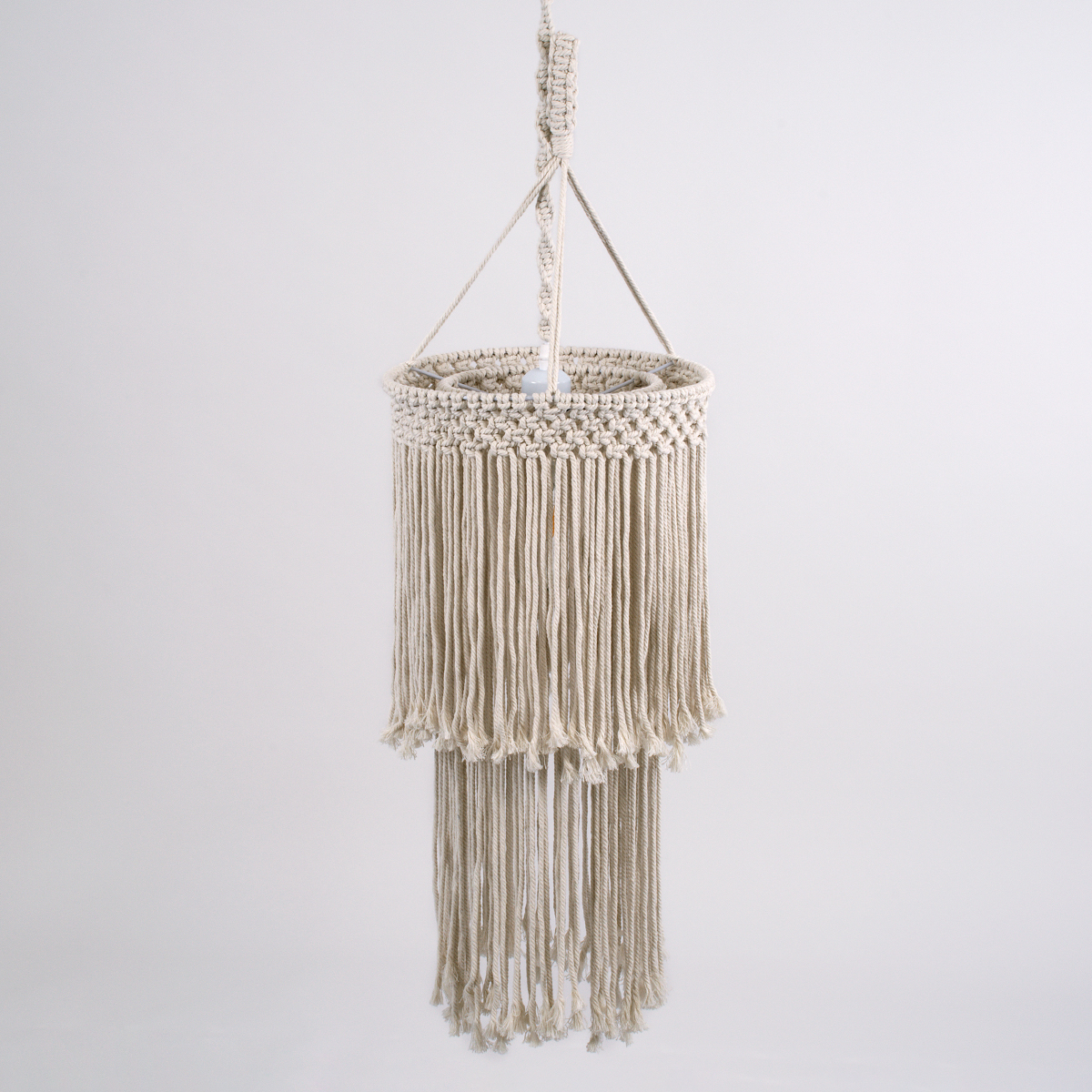 GloboStar® ZAMBIA 36208 Boho Κρεμαστό Φωτιστικό Μακραμέ Μονόφωτο 1 x E27 IP20 Μπεζ Ύφασμα - Μ30 x Π30 x Υ60cm