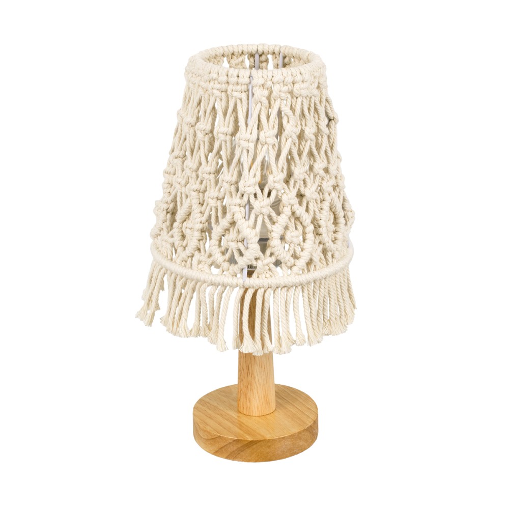 GloboStar® RWANDA 36210 Boho Επιτραπέζιο Φωτιστικό Πορτατίφ Μονόφωτο 1 x E27 IP20 Μπεζ Σχοινί με Καφέ Ξύλο - Μ15 x Π15 x Υ30cm