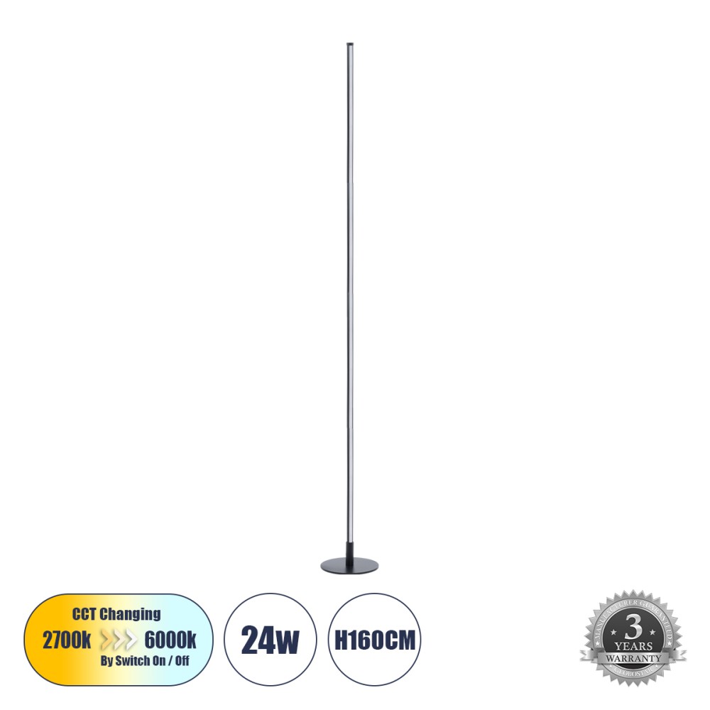 GloboStar® DALUMA 60470 Μοντέρνο Επιδαπέδιο Φωτιστικό LED 24W 2640lm 200° AC 220-240V IP20 Ρυθμιζόμενο Λευκό CCT με Διακόπτη On/Off από 2700K έως 6000K - Μαύρο - Μ18 x Π18 x Υ160cm - 3 Χρόνια Εγγύηση