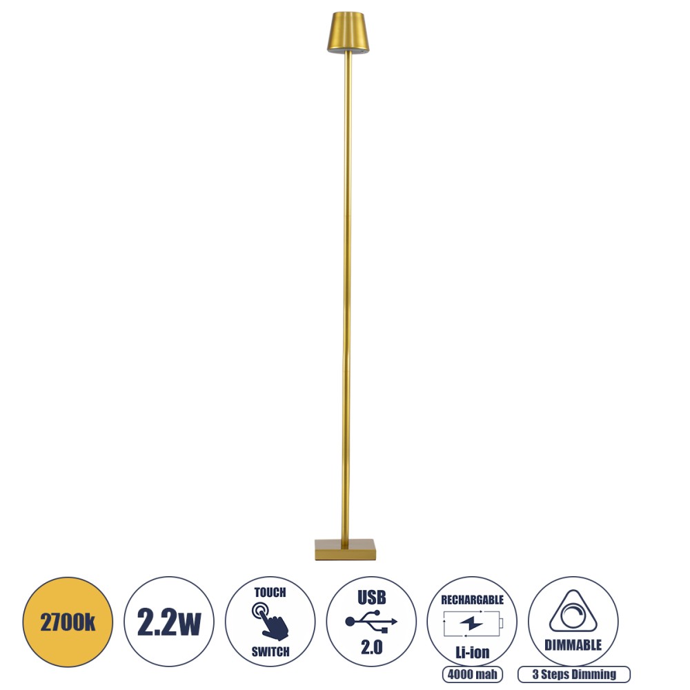 GloboStar® NEGA 60479 Μοντέρνο Επιδαπέδιο Φωτιστικό LED 2.2W 154lm 360° DC 5V IP44 Θερμό Λευκό 2700K Dimmable με Διακόπτη Αφής - Επαναφορτιζόμενο με Μπαταρία Li-ion 4000mAh - Χρυσό Πλατίνα - Φ10 x Υ135cm - 2 Χρόνια Εγγύηση