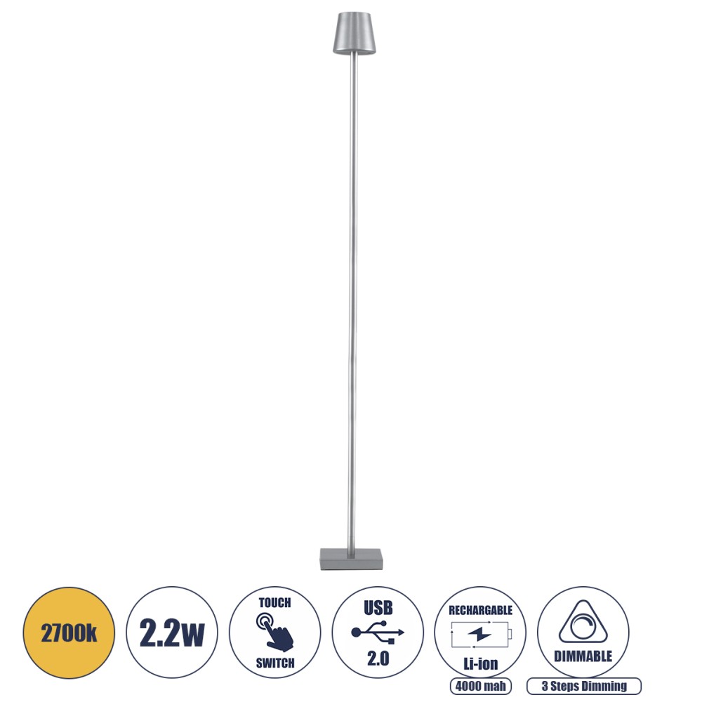 GloboStar® NEGA 60480 Μοντέρνο Επιδαπέδιο Φωτιστικό LED 2.2W 154lm 360° DC 5V IP44 Θερμό Λευκό 2700K Dimmable με Διακόπτη Αφής - Επαναφορτιζόμενο με Μπαταρία Li-ion 4000mAh - Ασημί - Φ10 x Υ135cm - 2 Χρόνια Εγγύηση