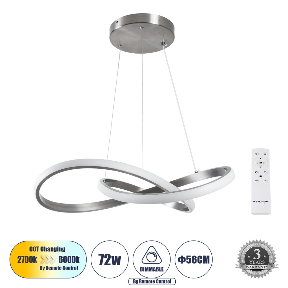 GLOBOSTAR® DEXTER 60948 Μοντέρνο Κρεμαστό Φωτιστικό Οροφής LED 72W 8064lm 300° AC 220-240V IP20 Ρυθμιζόμενο Λευκό CCT με Χειριστήριο από 2700K έως 6000K Dimmable - Lumileds SMD Chip - Νίκελ Βούρτσας - Μ56 x Π56 x Υ14cm - 3 Χρόνια Εγγύηση
