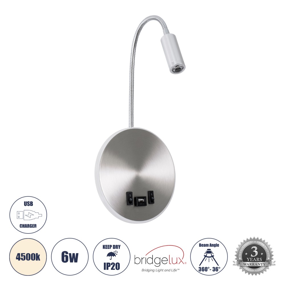 GLOBOSTAR® GOOSE 60884 Μοντέρνο Φωτιστικό Τοίχου - Απλίκα Ξενοδοχείου Reading Light με Φορτιστή USB 3A LED 6W 600lm 36° & 360° AC 220-240V IP20 Φυσικό Λευκό 4500K - CREE XPE & Lumileds SMD Chip & TÜV SÜD Driver - Νίκελ Βούρτσας - Μ15.5 x Π15 x