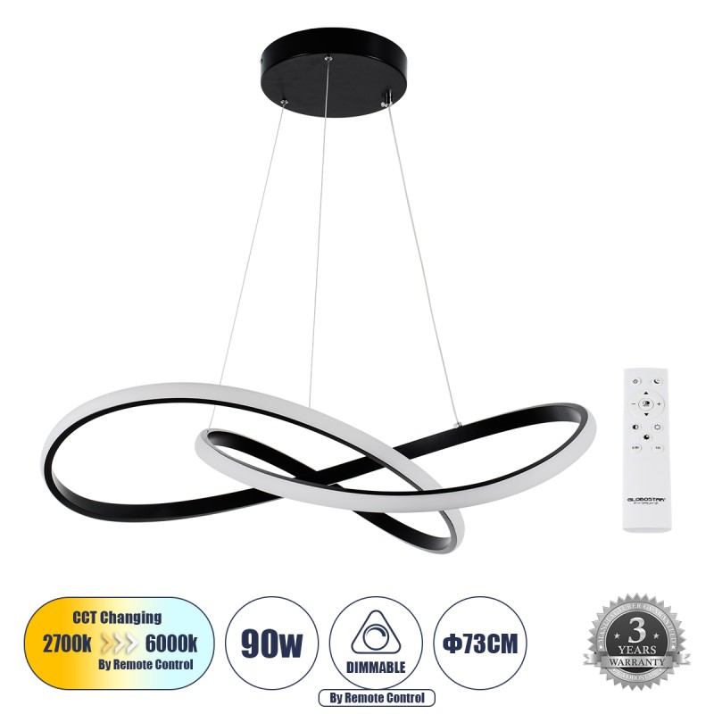 GLOBOSTAR® DEXTER 60913 Μοντέρνο Κρεμαστό Φωτιστικό Οροφής LED 90W 10080lm 300° AC 220-240V IP20 Ρυθμιζόμενο Λευκό CCT με Χειριστήριο από 2700K έως 6000K Dimmable - Lumileds SMD Chip - Μαύρο Ματ - Μ73 x Π73 x Υ16cm - 3 Χρόνια Εγγύηση