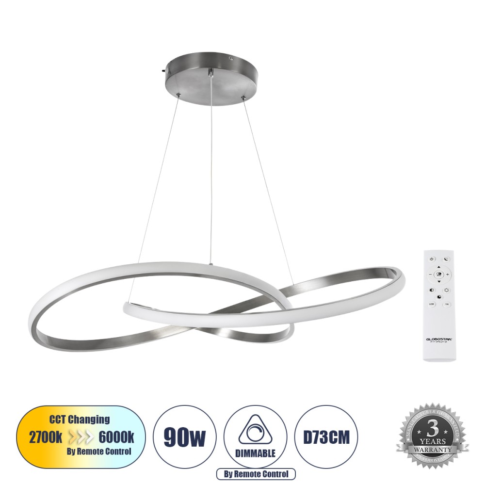 GloboStar® DEXTER 60915 Κρεμαστό Φωτιστικό Οροφής Design LED CCT 90W 10080lm 300° AC 220-240V - Εναλλαγή Φωτισμού μέσω Τηλεχειριστηρίου All In One Ψυχρό 6000k+Φυσικό 4500k+Θερμό 2700k Dimmable Φ73cm - Νίκελ Βούρτσας - 3 Years Warranty