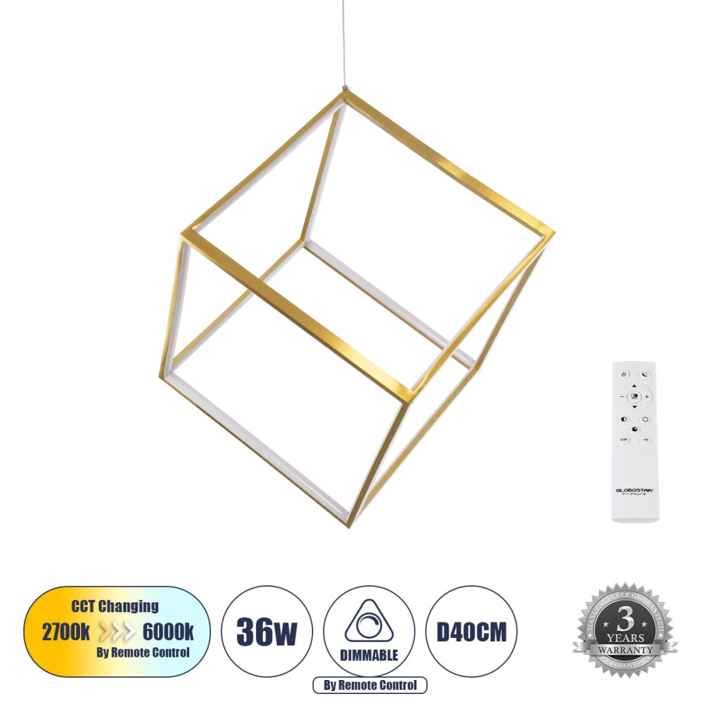 GLOBOSTAR® KIBOO 60930 Μοντέρνο Κρεμαστό Φωτιστικό Οροφής LED 36W 4150lm 360° AC 220-240V IP20 Ρυθμιζόμενο Λευκό CCT με Χειριστήριο από 2700K έως 6000K Dimmable - Lumileds SMD Chip - Χρυσό Βούρτσας - Μ40 x Π40 x Υ40cm - 3 Χρόνια Εγγύηση