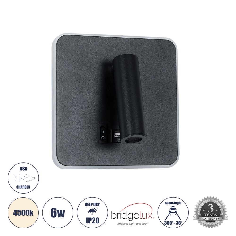 GLOBOSTAR® LADY-S 60942 Μοντέρνο Φωτιστικό Τοίχου - Απλίκα Ξενοδοχείου Reading Light με Φορτιστή USB 3A LED 6W 600lm 36° & 360° AC 220-240V IP20 Φυσικό Λευκό 4500K - Bridgelux COB Chip & TÜV SÜD Driver - Μαύρο Ματ - Μ15 x Π15 x Υ7cm - 3 Χρόνια Εγγ