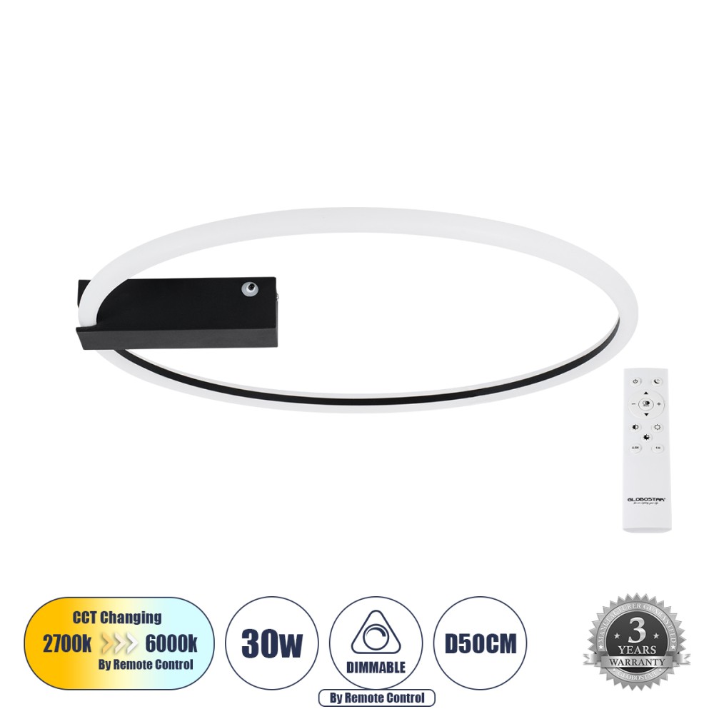 GloboStar® CINDERELLA 60980 Φωτιστικό Οροφής Δαχτυλίδι-Κύκλος LED CCT 30W 3360lm 360° AC 220-240V - Εναλλαγή Φωτισμού μέσω Τηλεχειριστηρίου All In One Ψυχρό 6000k+Φυσικό 4500k+Θερμό 2700k Dimmable Φ50cm - Μαύρο - 3 Years Warranty