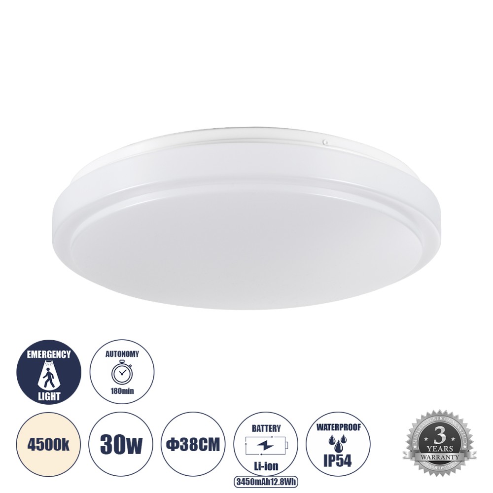 GLOBOSTAR® EMERGANO 60993 Φωτιστικό Πλαφονιέρα Οροφής με Ενσωματωμένο Σύστημα Emergency Li-ion 3450mAh/12.8Wh με Αυτονομία 3hrs LED 30W 2850lm 120° AC 220-240V Αδιάβροχο IP54 Φυσικό Λευκό 4500K - Lumileds SMD Chip - Λευκό Γαλακτερό - Μ38 x Π38 x Υ5.3cm - 
