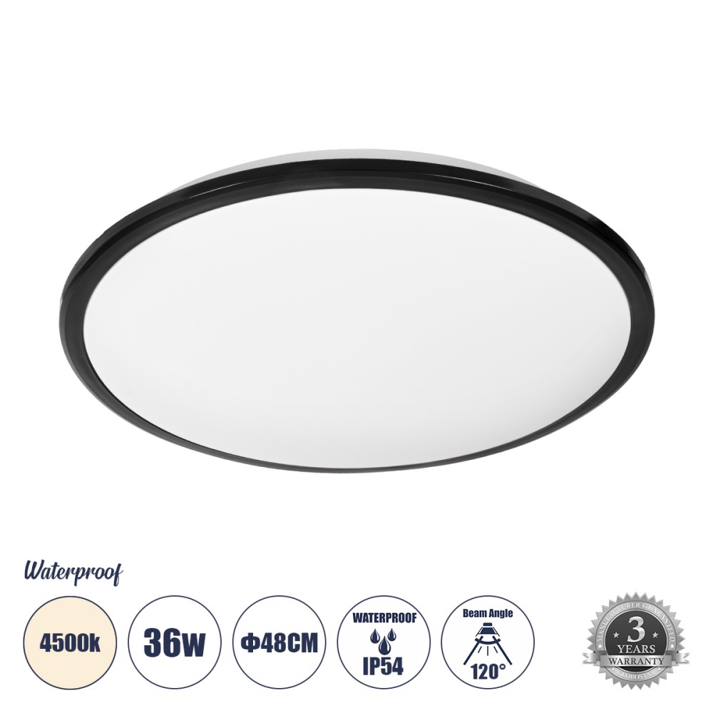 GLOBOSTAR® TUFFIN 60999 Φωτιστικό Πλαφονιέρα Οροφής LED 36W 3960lm 120° AC 220-240V Αδιάβροχο IP54 Φυσικό Λευκό 4500K - Lumileds SMD Chip - Μαύρο Ματ & Λευκό Γαλακτερό - Μ48 x Π48 x Υ6.5cm - 3 Χρόνια Εγγύηση