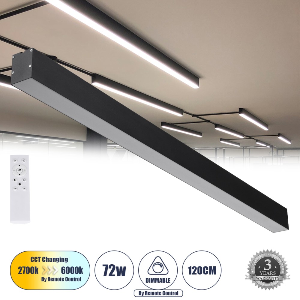 GloboStar® ORION 61030-P Γραμμικό Κρεμαστό Φωτιστικό Linear LED CCT 72W 8600lm 120° AC 220-240V Μ120 x Π5.5 x Υ7cm - Εναλλαγή Φωτισμού μέσω Τηλεχειριστηρίου All In One Ψυχρό 6000k+Φυσικό 4500k+Θερμό 2700k Dimmable - Μαύρο - 3 Years Warranty