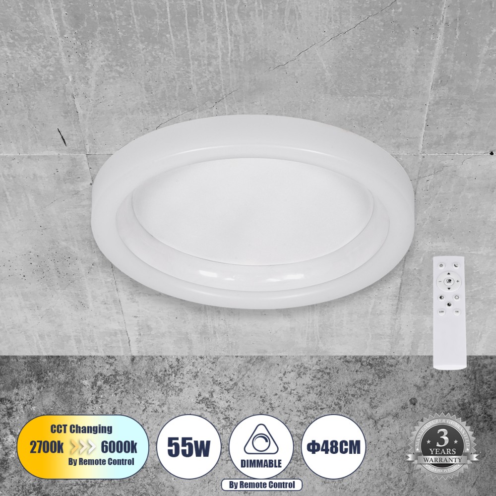 GloboStar® ARIANA 61035 Πλαφονιέρα Οροφής Κύκλος LED CCT 55W 6376lm 120° AC 220-240V - Εναλλαγή Φωτισμού μέσω Τηλεχειριστηρίου All In One Ψυχρό Λευκό 6000k+Φυσικό Λευκό 4500k+Θερμό Λευκό 2700k Dimmable Φ48cm - Λευκό - 3 Years Warranty