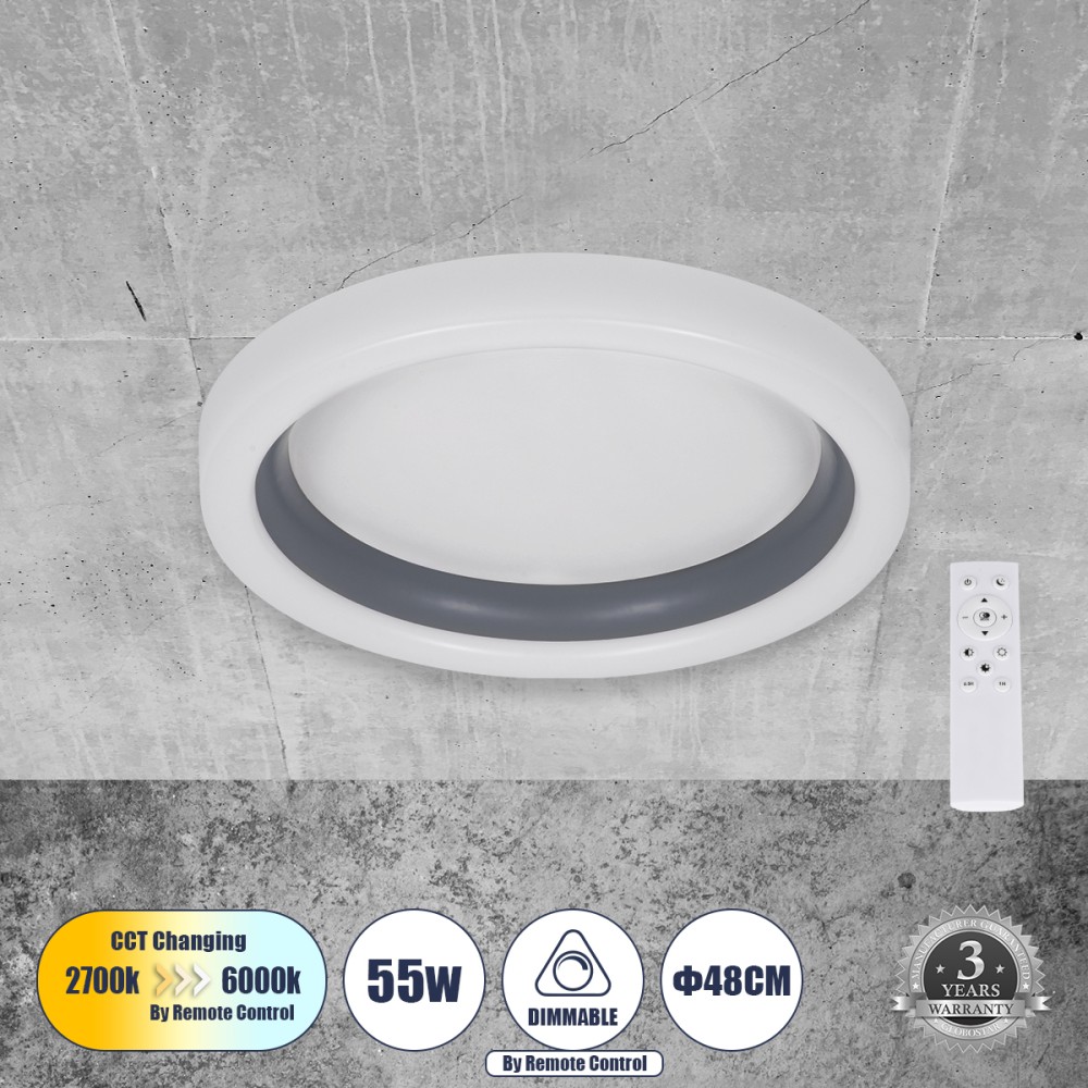 GloboStar® ARIANA 61036 Πλαφονιέρα Οροφής Κύκλος LED CCT 55W 6376lm 120° AC 220-240V - Εναλλαγή Φωτισμού μέσω Τηλεχειριστηρίου All In One Ψυχρό Λευκό 6000k+Φυσικό Λευκό 4500k+Θερμό Λευκό 2700k Dimmable Φ48cm - Γκρι Ανθρακί - 3 Years Warranty