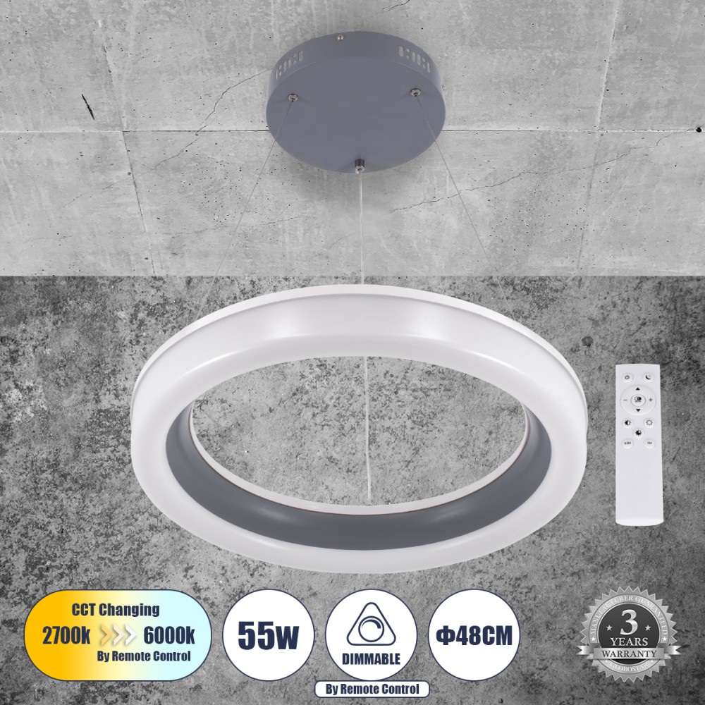 GloboStar® ARIANA 61039 Κρεμαστή Πλαφονιέρα Οροφής Κύκλος LED CCT 55W 6376lm 120° AC 220-240V - Εναλλαγή Φωτισμού μέσω Τηλεχειριστηρίου All In One Ψυχρό Λευκό 6000k+Φυσικό Λευκό 4500k+Θερμό Λευκό 2700k Dimmable Φ48cm - Γκρι Ανθρακί - 3 Years Warranty