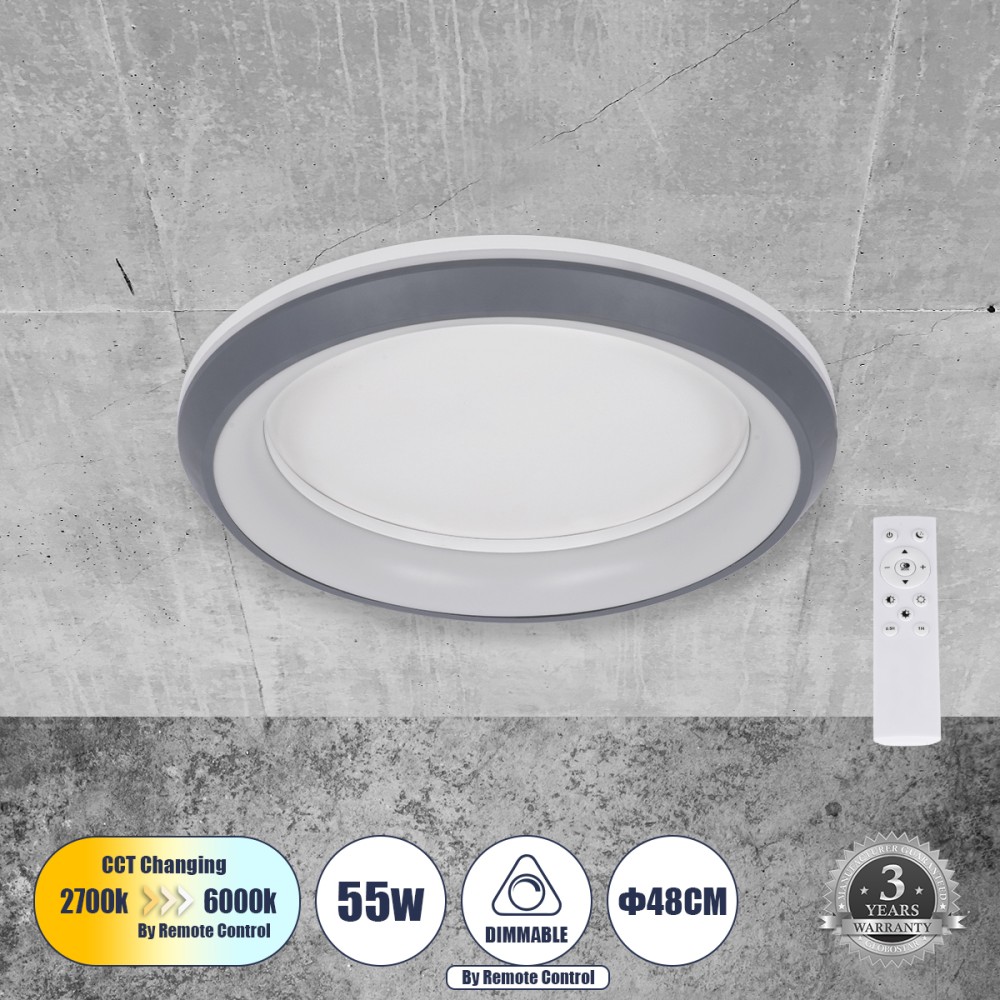 GloboStar® MELINA 61042 Πλαφονιέρα Οροφής Κύκλος LED CCT 55W 6376lm 120° AC 220-240V - Εναλλαγή Φωτισμού μέσω Τηλεχειριστηρίου All In One Ψυχρό Λευκό 6000k+Φυσικό Λευκό 4500k+Θερμό Λευκό 2700k Dimmable Φ48cm - Γκρι Ανθρακί - 3 Years Warranty