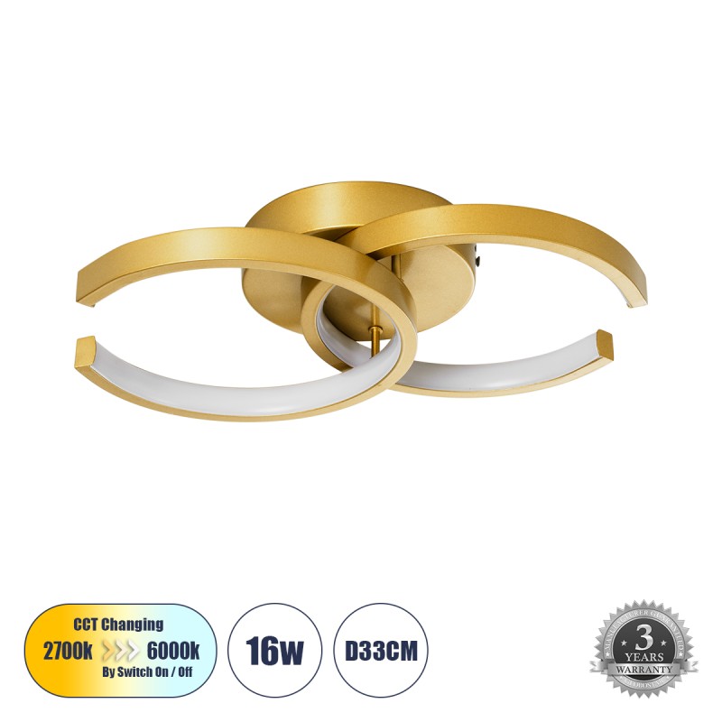 GLOBOSTAR® EVA 61069 Μοντέρνο Φωτιστικό Οροφής LED 16W 1920lm 300° AC 220-240V IP20 Ρυθμιζόμενο Λευκό CCT με On/Off 2700K/4500K/6000K - Lumileds SMD Chip - Χρυσό Βούρτσας - Μ33 x Π21 x Υ7cm - 3 Χρόνια Εγγύηση