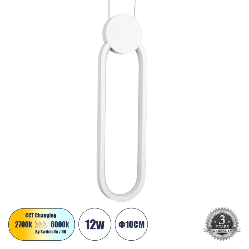 GloboStar® ILDI 61089 Κρεμαστό Φωτιστικό Οροφής Design LED CCT 12W 1440lm 300° AC 220-240V - Εναλλαγή Φωτισμού μέσω Διακόπτη On/Off All In One Ψυχρό 6000k+Φυσικό 4500k+Θερμό 2700k Μ10 x Π2.3 x Υ38cm - Λευκό