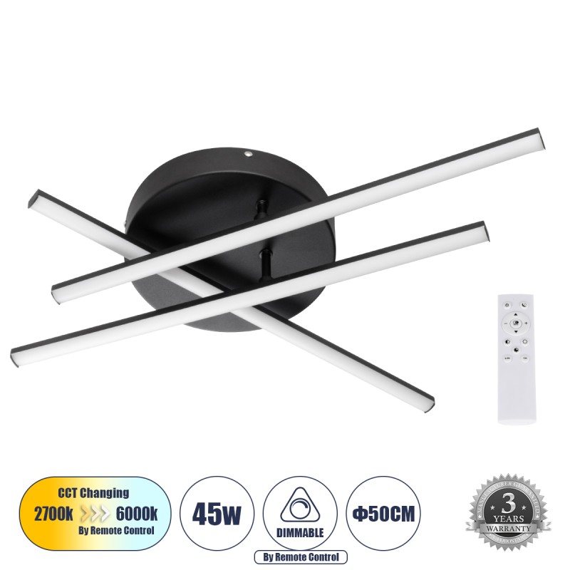 GLOBOSTAR® DRACO 61093 Μοντέρνο Φωτιστικό Οροφής LED 45W 5535lm 120° AC 220-240V IP20 Ρυθμιζόμενο Λευκό CCT με Χειριστήριο από 2700K έως 6000K Dimmable - Lumileds SMD Chip - Μαύρο Ματ - Μ50 x Π50 x Υ11cm - 3 Χρόνια Εγγύηση