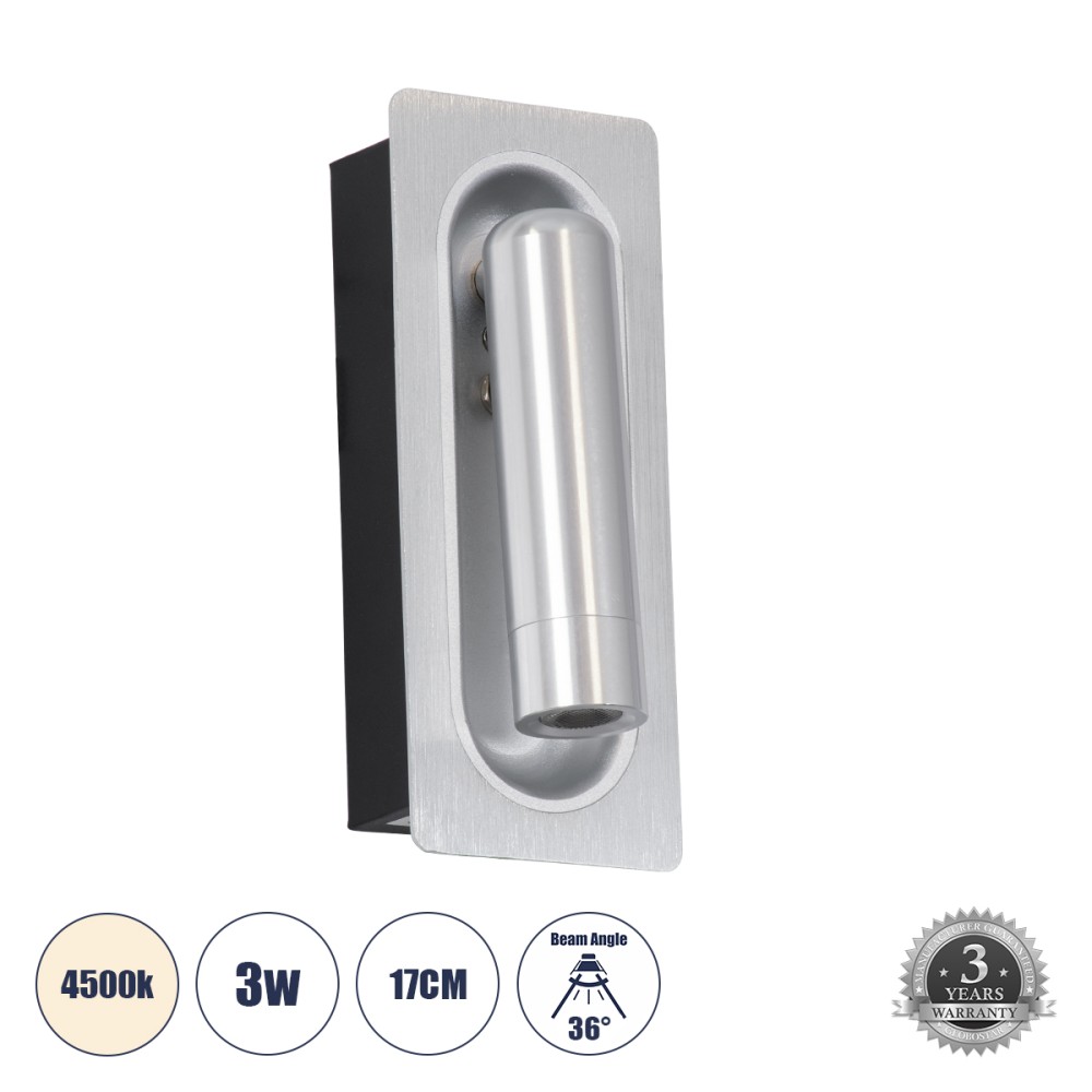 GloboStar® MANHATTAN 61099 Μοντέρνο Χωνευτό Φωτιστικό Τοίχου - Απλίκα Ξενοδοχείου Bed Side LED 3W 405lm 36° AC 220-240V - Reading Light - Μ7 x Π7 x Υ17cm - Φυσικό Λευκό 4500K - Νίκελ Βούρτσας