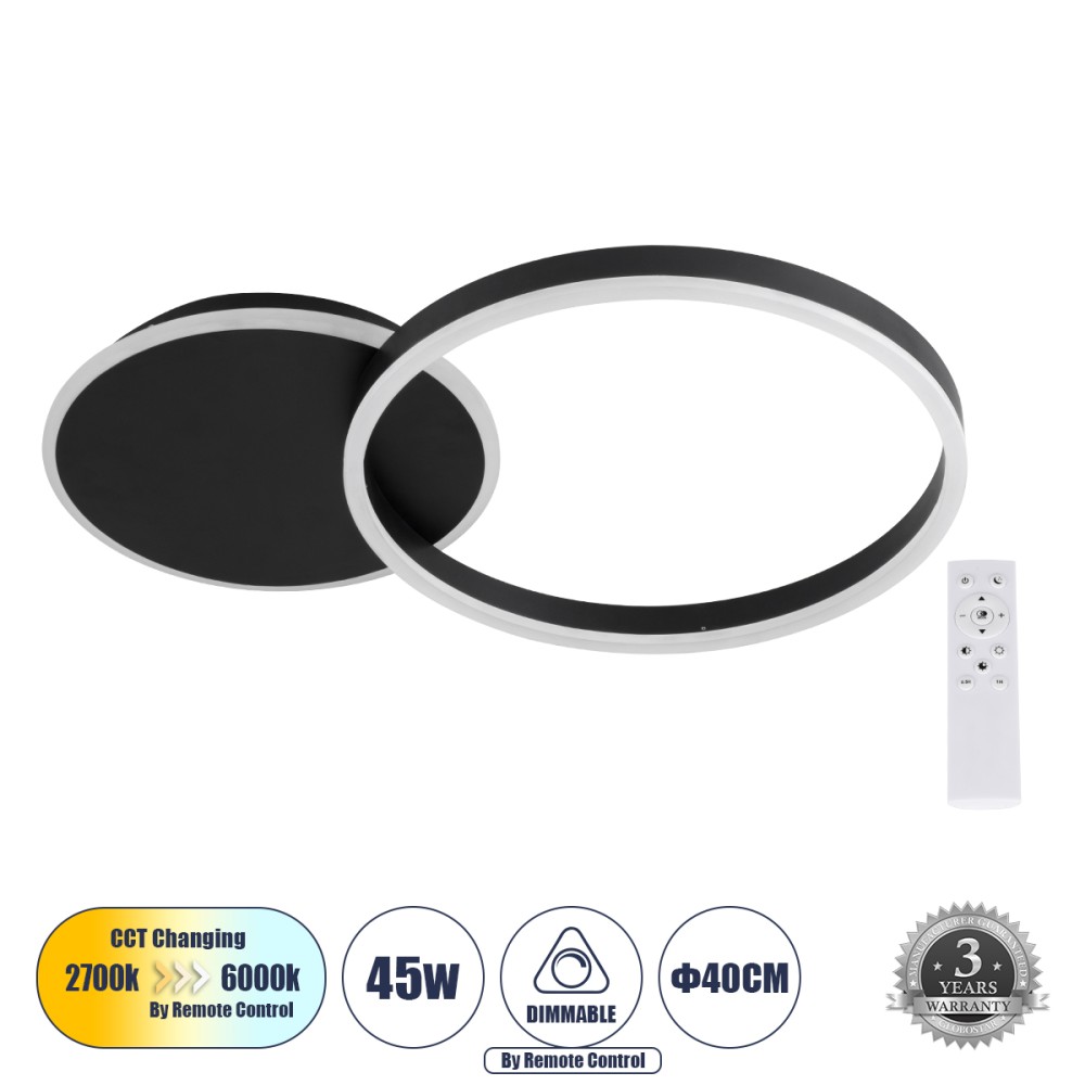 GLOBOSTAR® VENOM 61117 Μοντέρνο Φωτιστικό Οροφής LED 45W 5445lm 360° AC 220-240V IP20 Ρυθμιζόμενο Λευκό CCT με Χειριστήριο από 2700K έως 6000K Dimmable - Lumileds SMD Chip - Μαύρο Ματ - Μ60 x Π40 x Υ7.5cm - 3 Χρόνια Εγγύηση