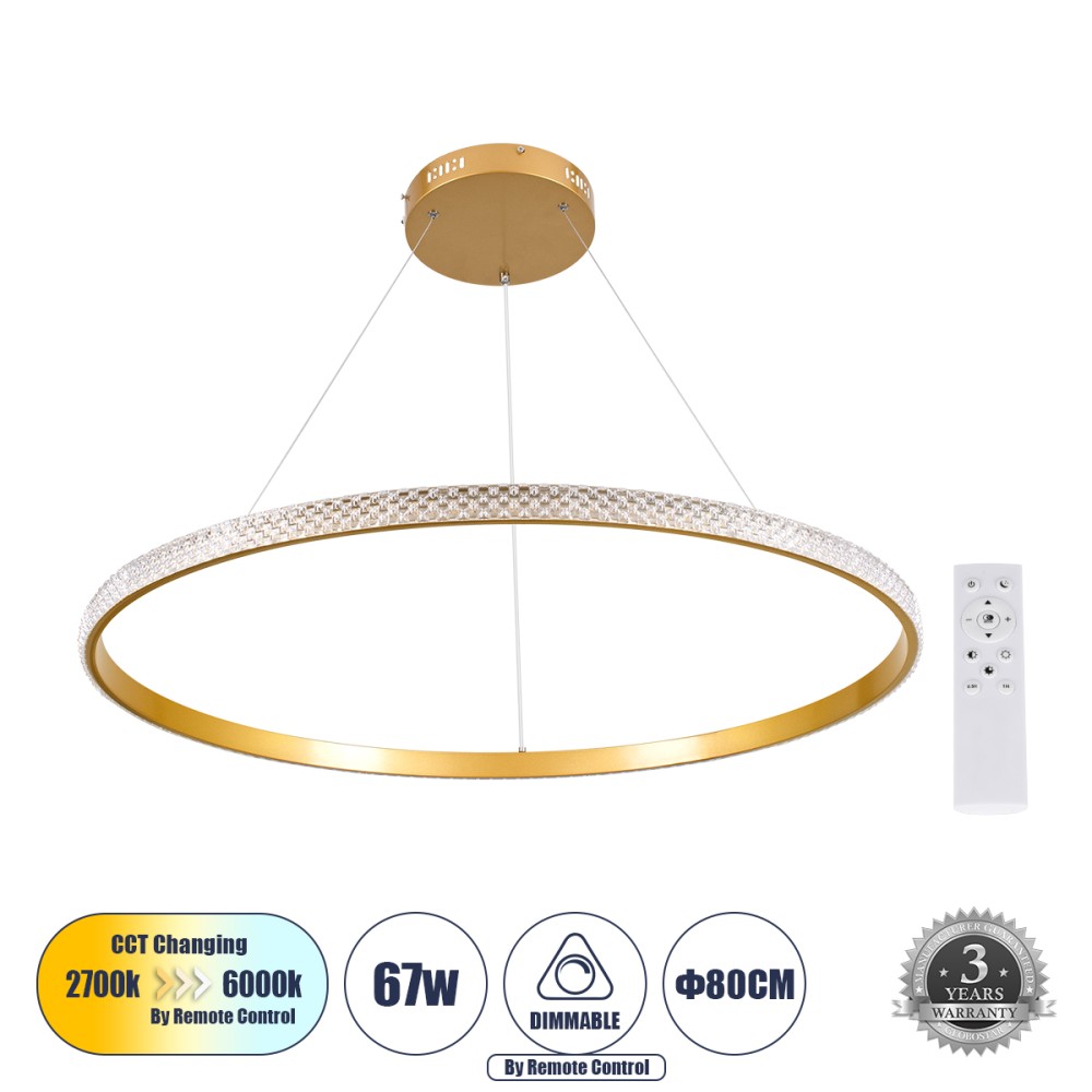 GloboStar® DIAMOND 61133 Κρεμαστό Φωτιστικό Δαχτυλίδι-Κύκλος LED CCT 67W 7689lm 360° AC 220-240V - Εναλλαγή Φωτισμού μέσω Τηλεχειριστηρίου All In One Ψυχρό 6000k+Φυσικό 4500k+Θερμό 2700k Dimmable Φ80cm - Χρυσό Βούρτσας - 3 Years Warranty