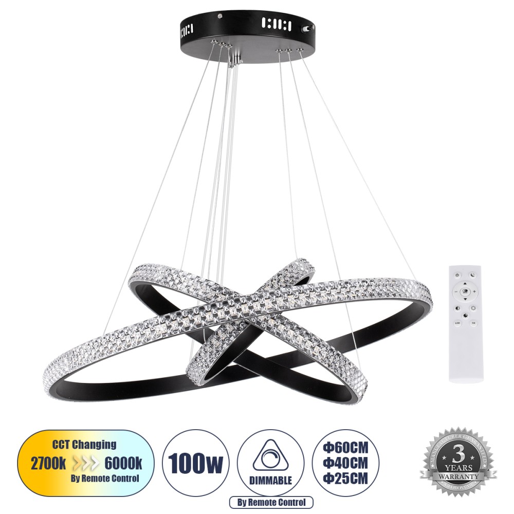 GLOBOSTAR® DIAMOND TRIO 61136-DECO Μοντέρνο Κρεμαστό Φωτιστικό Οροφής LED 100W 12123lm 360° AC 220-240V IP20 Ρυθμιζόμενο Λευκό CCT με Χειριστήριο από 2700K έως 6000K Dimmable - Lumileds SMD Chip - Μαύρο - Μ60 x Π60 x Υ90cm - 3 Χρόνια Εγγύηση