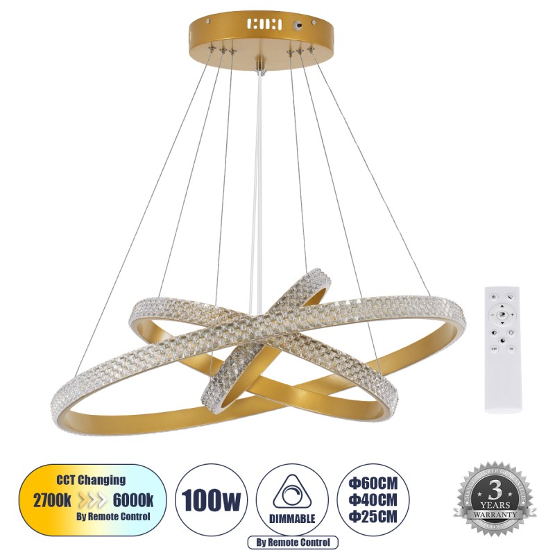 GLOBOSTAR® DIAMOND TRIO 61137-DECO Μοντέρνο Κρεμαστό Φωτιστικό Οροφής LED 100W 12123lm 360° AC 220-240V IP20 Ρυθμιζόμενο Λευκό CCT με Χειριστήριο από 2700K έως 6000K Dimmable - Lumileds SMD Chip - Χρυσό Βούρτσας - Μ25 x Π40 x Υ60cm - 3 Χρόνια Εγγύηση