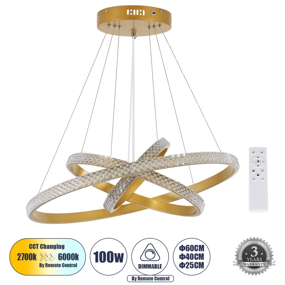 GLOBOSTAR® DIAMOND TRIO 61137-DECO Μοντέρνο Κρεμαστό Φωτιστικό Οροφής LED 100W 12123lm 360° AC 220-240V IP20 Ρυθμιζόμενο Λευκό CCT με Χειριστήριο από 2700K έως 6000K Dimmable - Lumileds SMD Chip - Χρυσό Βούρτσας - Μ25 x Π40 x Υ60cm - 3 Χρόνια Εγγύηση